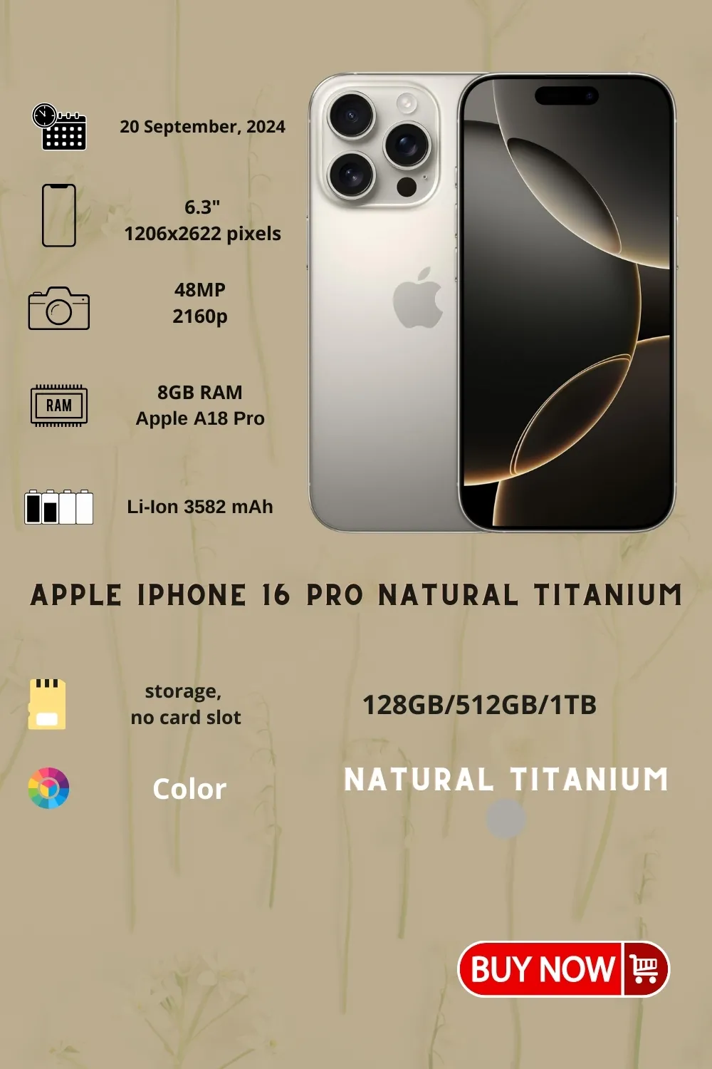 πΏπ± iPhone 16 Pro Natural Titanium β Complete Details, Specs & Features List πΏ